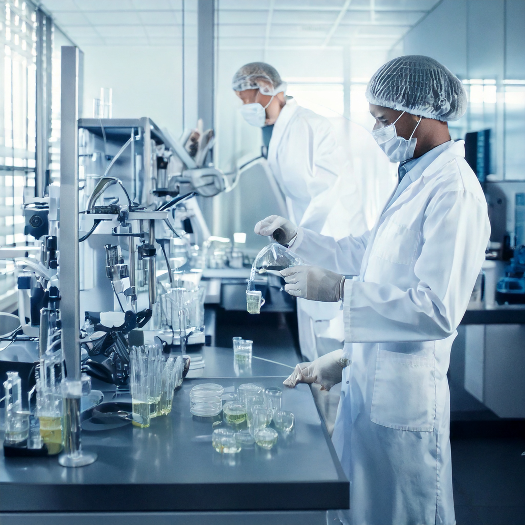 先進的な化粧品ラボで検査員が乳液を測定。放熱フィンが効果的に機器温度を管理し、品質とエネルギー効率を向上。
